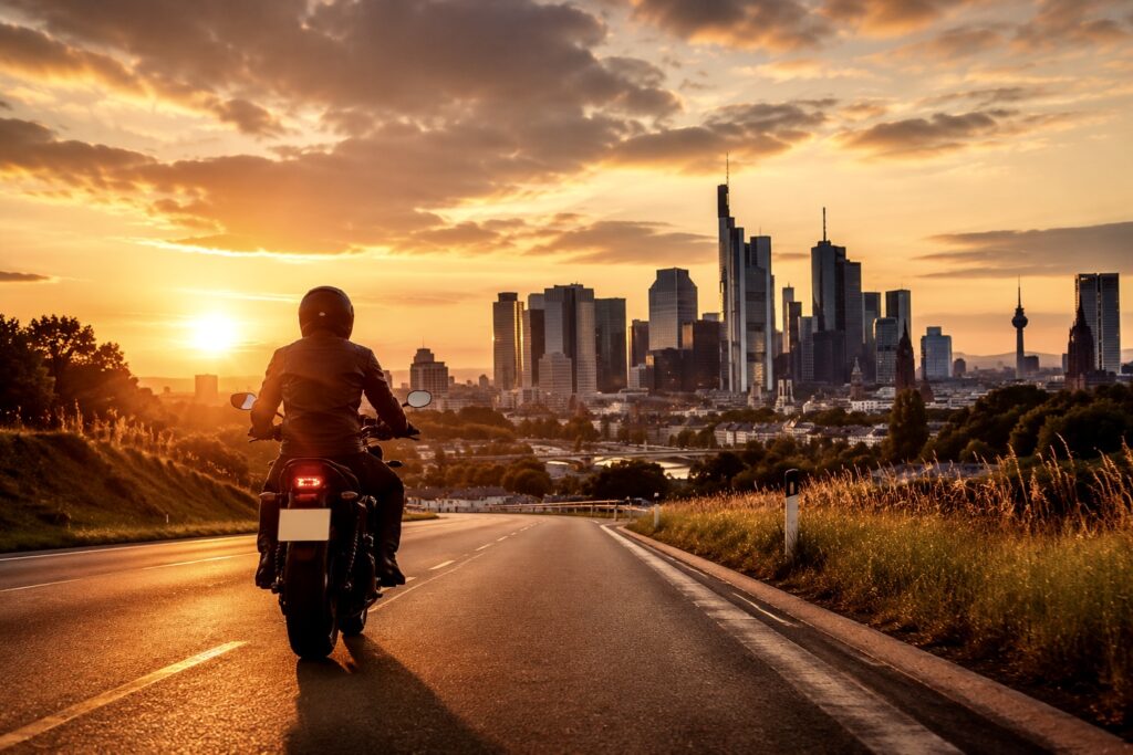 Motorradfahrer auf dem Weg Richtung Frankfurter Skyline
